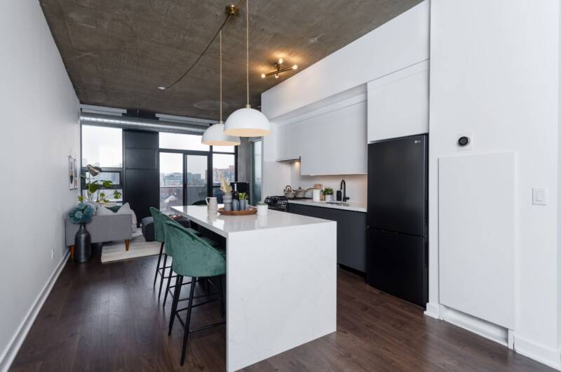 modern open concept condo kitchen renovation project done by clearview kitchens