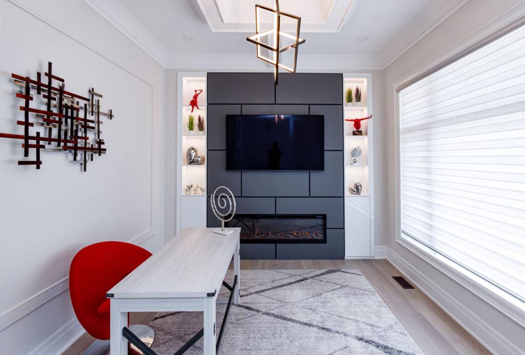 modern tv unit with custom fire place and lightened shelves